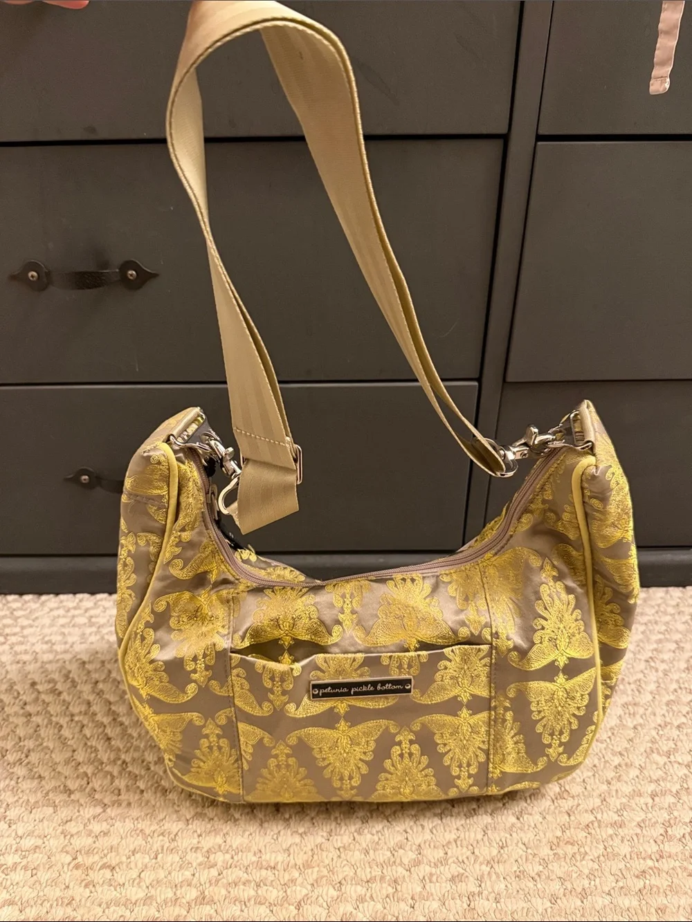 Petunia Pickle Bottom Gray and Yellow Jacquard Hobo Diaper Bag